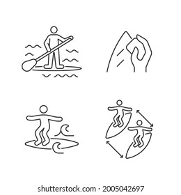 Riding waves in ocean linear icons set. Paddle board surfing. Surfboard wax. Noseriding technique. Customizable thin line contour symbols. Isolated vector outline illustrations. Editable stroke