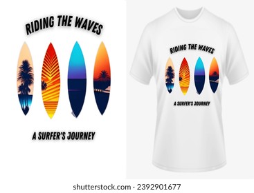 Riding the waves a surfer's journey stylish T-shirt trendy apparel, typography, print