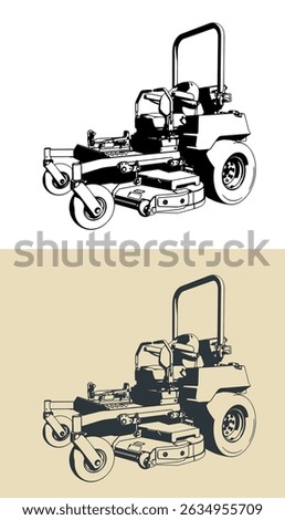 Riding zero-turn mower stylized vector illustrations