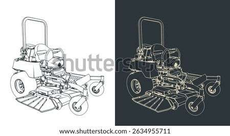 Riding zero-turn mower stylized vector illustrations