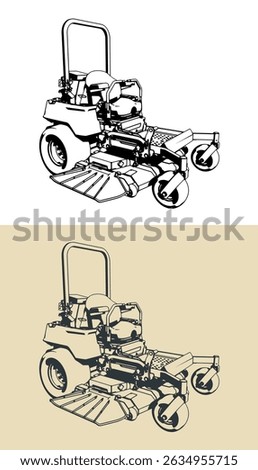 Riding zero-turn mower stylized vector illustrations