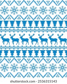Riendeer,Christmas trees, snowflakes and geometric ornaments. Light blue background.