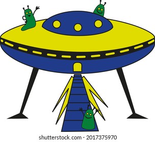 riendly aliens waving hands from their spaceship (Picture of unknown flying object, UFO) - isolated on white background