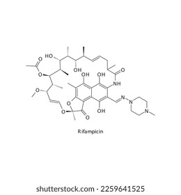 Rifampicin flat skeletal molecular structure Rifamycin antibiotic drug used in treatment. Vector illustration.