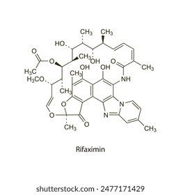 Rifaximin flat skeletal molecular structure Rifamycin antibiotic drug used in bacterial infection treatment. Vector illustration scientific diagram.