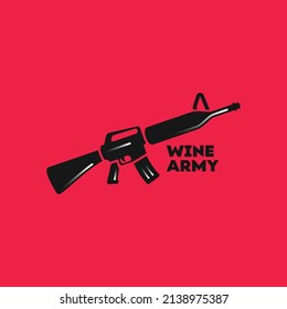 Rifle con botella en el suelo sobre fondo rojo, logo del ejército