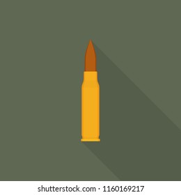 Rifle bullet icon with long shadow on green background, flat design style