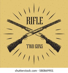 Rifle engraving vector illustration on gold background. Ink line draw vector. Drawing engraving illustration. Two guns label illustration