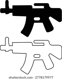 Rifle gun firearm set collection group icons, military weapon vector pack, automatic rifle silhouette and outline flat line black style isolated design elements