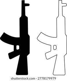 Rifle gun firearm set collection group icons, military weapon vector pack, automatic rifle silhouette and outline flat line black style isolated design elements