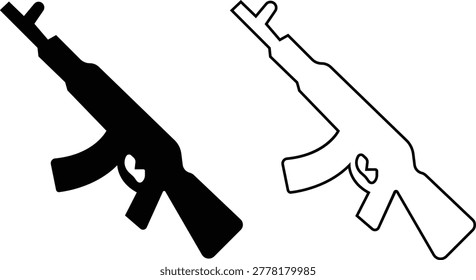 Rifle gun firearm set collection group icons, military weapon vector pack, automatic rifle silhouette and outline flat line black style isolated design elements