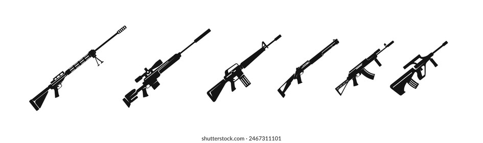 Conjunto de silueta de Vector de fusil. Colección negra plana de armas de fuego.