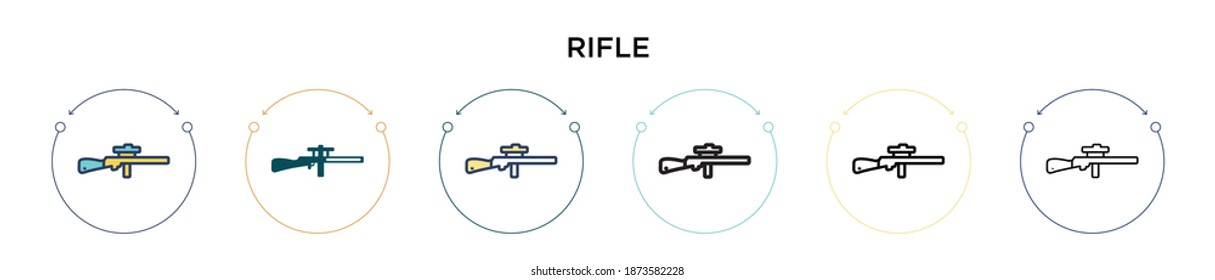 Icono de Rifle en el estilo relleno, delgado, contorno y trazo. Ilustración vectorial de dos diseños de vectores de rifles de color y negro se pueden utilizar para móviles, ui, web