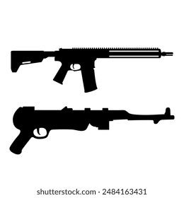 Diseño de Vector de silueta de rifle y ametralladora sobre fondo blanco