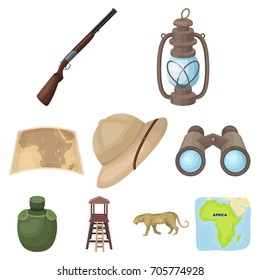 Rifle, mask, map of the territory, diamonds and other equipment. African safari set collection icons in cartoon style vector symbol stock illustration web.