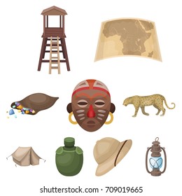 Rifle, mask, map of the territory, diamonds and other equipment. African safari set collection icons in cartoon style vector symbol stock illustration web.