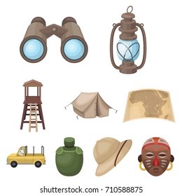 Gewehr, Maske, Landkarte, Diamanten und andere Ausrüstung. Afrikanische Safari Set Sammlung Symbole in Cartoon Stil Vektorsymbol Stock Illustration Web.