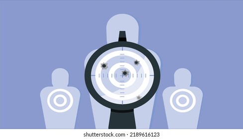 rifle target view. Vector silhouette of a soldier with a gun in the optical sight. Target and sight vector illustrations with bullet holes