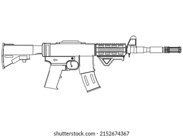 Frische Vektorgrafik einzeln auf weißem Hintergrund. Symbol für taktische Angriffswaffen. Halbautomatische Waffen der Armee und der Polizei. Kräftige tödliche Waffe für einen speziellen Brandarm der Einheit.