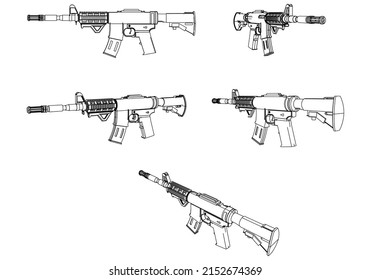 Rifle vector outline isolated on white background. Tactical assault rifle symbol. Semi automatic army and police weapons. Powerful deadly weapon for special unit fire arm.