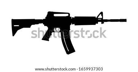 Rifle vector silhouette isolated on white background. Tactical assault rifle symbol. Semi automatic army and police weapons. Powerful deadly weapon for special unit fire arm.
