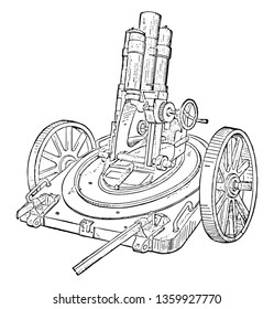 Die Zahnreihe der gedrehten Leichtminenwerfer-Mortar passt den Winkel des Fass an, indem sie die Handkurbel, die Vintage-Linie-Zeichnung oder die Gravur-Illustration dreht.
