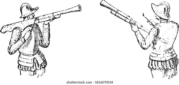 Gewehre ersten tragbaren Feuerwaffen XV Jahrhundert, Aus dem Wörterbuch von Wort und Dinge, 1888.