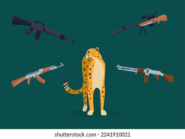 Rifles apuntando a la ilustración del vector chita. Dibujo de caricaturas de armas que amenazan a animales felinos salvajes aislados en un fondo azul. Vida silvestre, violencia, caza o caza furtiva, concepto de peligro