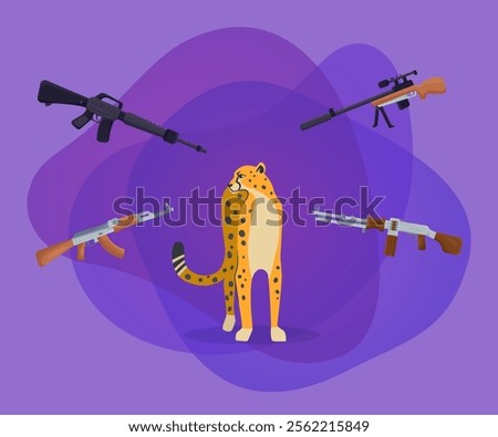 Rifles pointing at cheetah vector illustration. Cartoon drawing of weapons threatening wild feline animal on abstract background. Wildlife, violence, hunting or poaching, danger concept