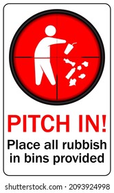 Riflescope aims at a Human figure dropping garbage to the floor. Do not litter sign