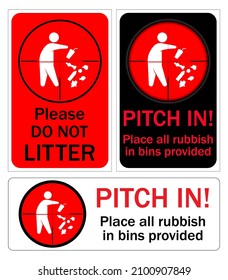 Riflescope aims at a Human figure dropping garbage to the floor. Do not litter sign