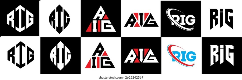 RIG letter logo design in six style. RIG polygon, circle, triangle, hexagon, flat and simple style with black and white color variation letter logo set in one artboard. RIG minimalist and classic logo