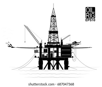 Rig Platform For Oil Or Gas Production From The Ocean Floor. Black And White Contour With Traced Details. Side View.