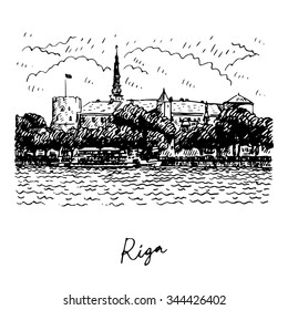 Riga Castle on the banks of River Daugava in Riga, Latvia. Vector freehand pencil sketch.