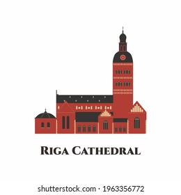 Riga Cathedral or The Cathedral Church of Saint Mary. It is the Evangelical Lutheran cathedral in Riga, Latvia. A magnificent building and one of the biggest in the world. Cartoon flat vector style