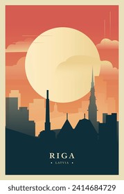 Riga city brutalism poster with abstract skyline, cityscape retro vector illustration. Latvia capital travel front cover, brochure, flyer, leaflet, business presentation template image