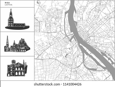 Riga city map with hand-drawn architecture icons. All drawigns, map and background separated for easy color change. Easy repositioning in vector version.