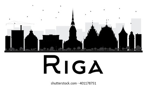 Riga City skyline black and white silhouette. Vector illustration. Simple flat concept for tourism presentation, banner, placard or web site. Business travel concept. Cityscape with landmarks