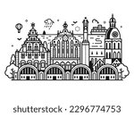 Riga cityscape with cathedral, merchant Black Head house at town hall square, Freedom monument, Central market and Baltic sea. Europe medieval Old town skyline. Latvia capital in line art design.