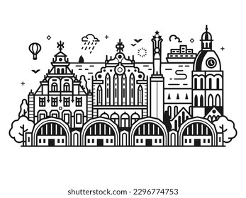 Riga cityscape with cathedral, merchant Black Head house at town hall square, Freedom monument, Central market and Baltic sea. Europe medieval Old town skyline. Latvia capital in line art design.