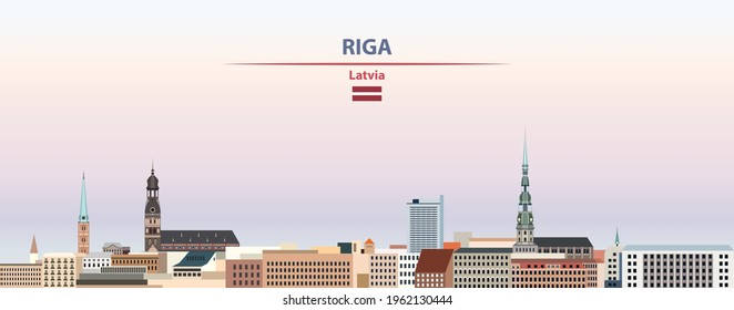 Riga cityscape on sunset sky background vector illustration with country and city name and with flag of Latvia