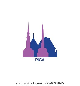 Riga cityscape, skyline, panoramic vector logo, icon, clipart. Latvia city emblem contour with landmarks and buildings silhouettes