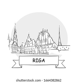Riga Cityscape Vector Sign. Line Art Illustration with Ribbon and Title.
