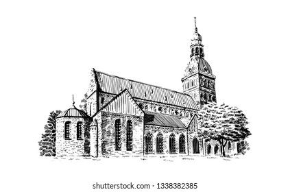 Riga Dome Cathedral black and white drawing sketch. Vector illustration