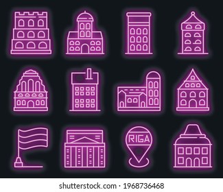 Riga icons set. Outline set of Riga vector icons neoncolor on black
