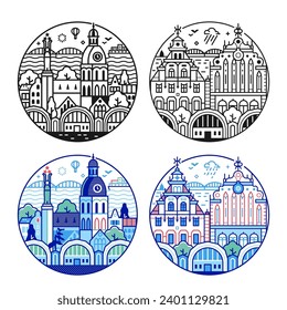 Riga landmarks icons with merchant Black Head house and Dome cathedral. Travel Latvia circle emblems or logo templates in line art style.