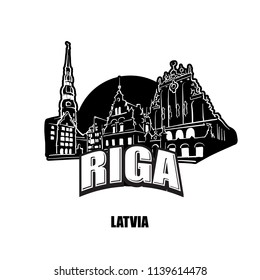 Riga, Lativa, black and white logo for high quality prints. Hand drawn vector sketch.