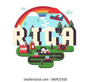 Riga in Latvia is Beautiful city to visit on holiday, vector cartoon illustration