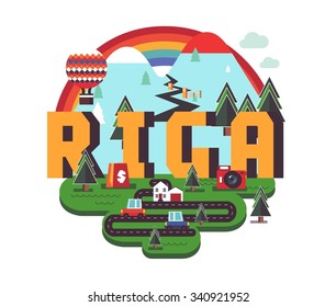 Riga in Latvia is Beautiful city to visit on holiday, vector cartoon illustration