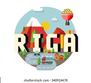 Riga in Latvia is Beautiful city to visit on holiday, vector cartoon illustration